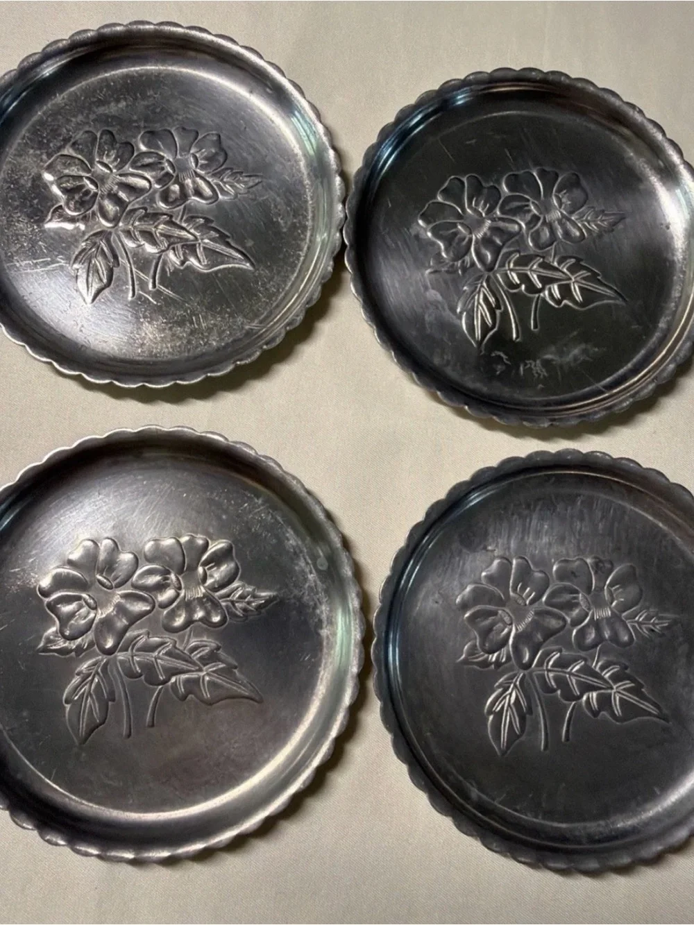 Source Unknown Silver Floral Metal Coaster Set of 4